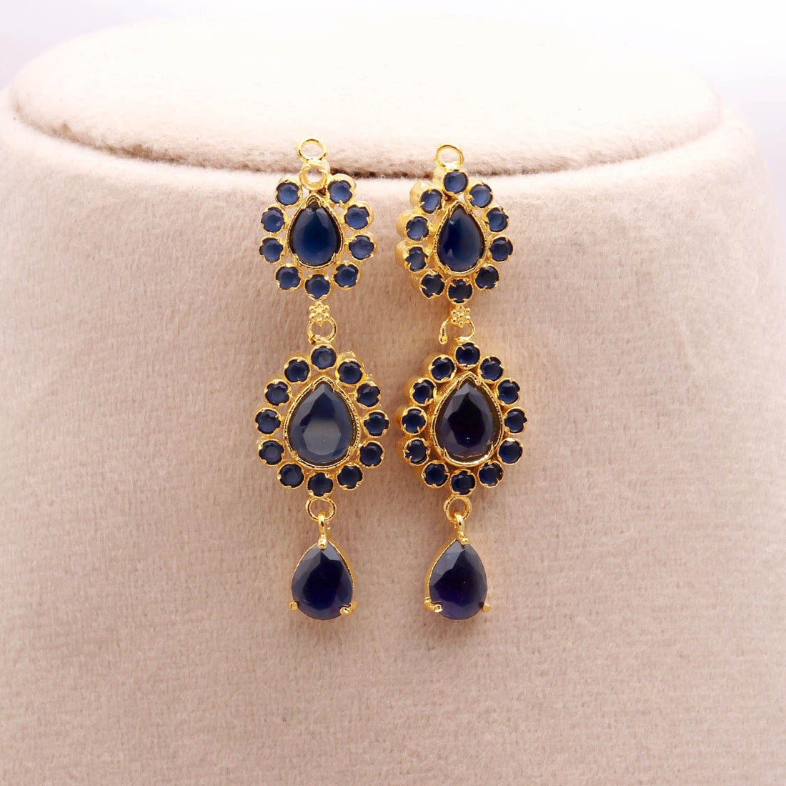 2-Line Long Blue Sapphire Oval Necklace Set | 22K Gold Plated Bridal Necklace | Traditional Indian Statement Necklace | Gift For Women — 4