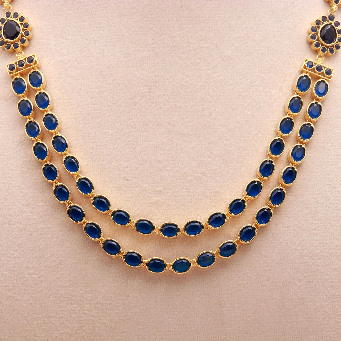 2-Line Long Blue Sapphire Oval Necklace Set | 22K Gold Plated Bridal Necklace | Traditional Indian Statement Necklace | Gift For Women — 3