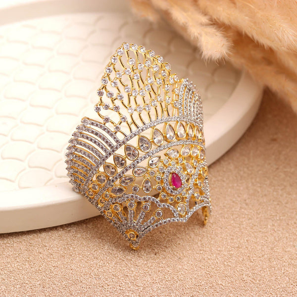 Premium CZ Ruby Mukut For Ladu Gopal |22K Gold Plated Brass Krishna Crown | Round Diamond Look Stone Mukut |Pooja Shringar Temple Decoration