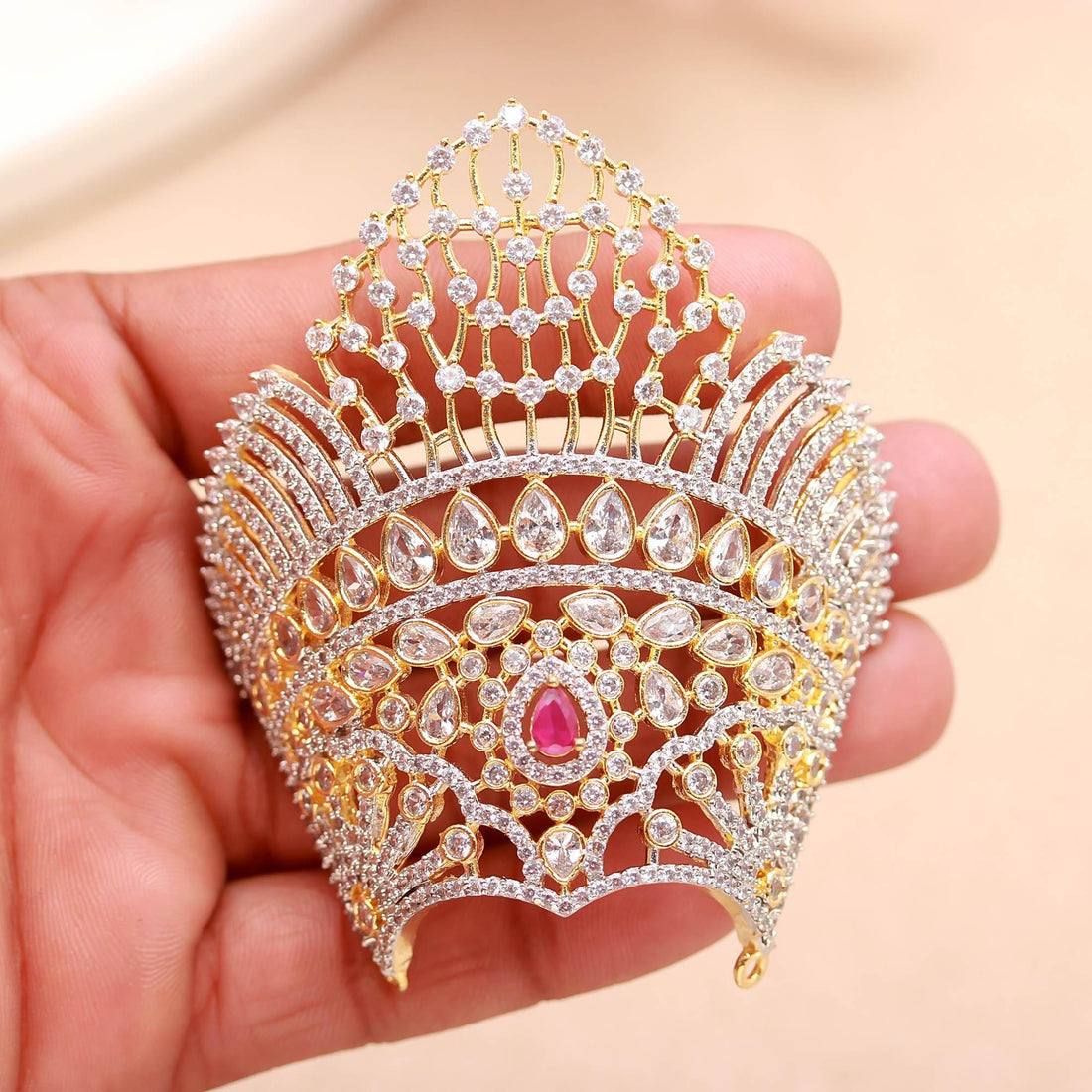 Premium CZ Ruby Mukut For Ladu Gopal |22K Gold Plated Brass Krishna Crown | Round Diamond Look Stone Mukut |Pooja Shringar Temple Decoration — 3