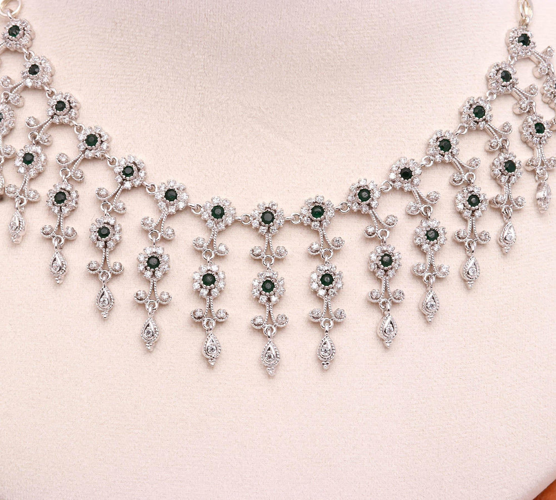 Emerald & CZ Diamond Choker Necklace Set | 18K White Gold Plated Wedding Jewelry | Statement Necklace | Party Wear Necklace | Gift for Women — 3