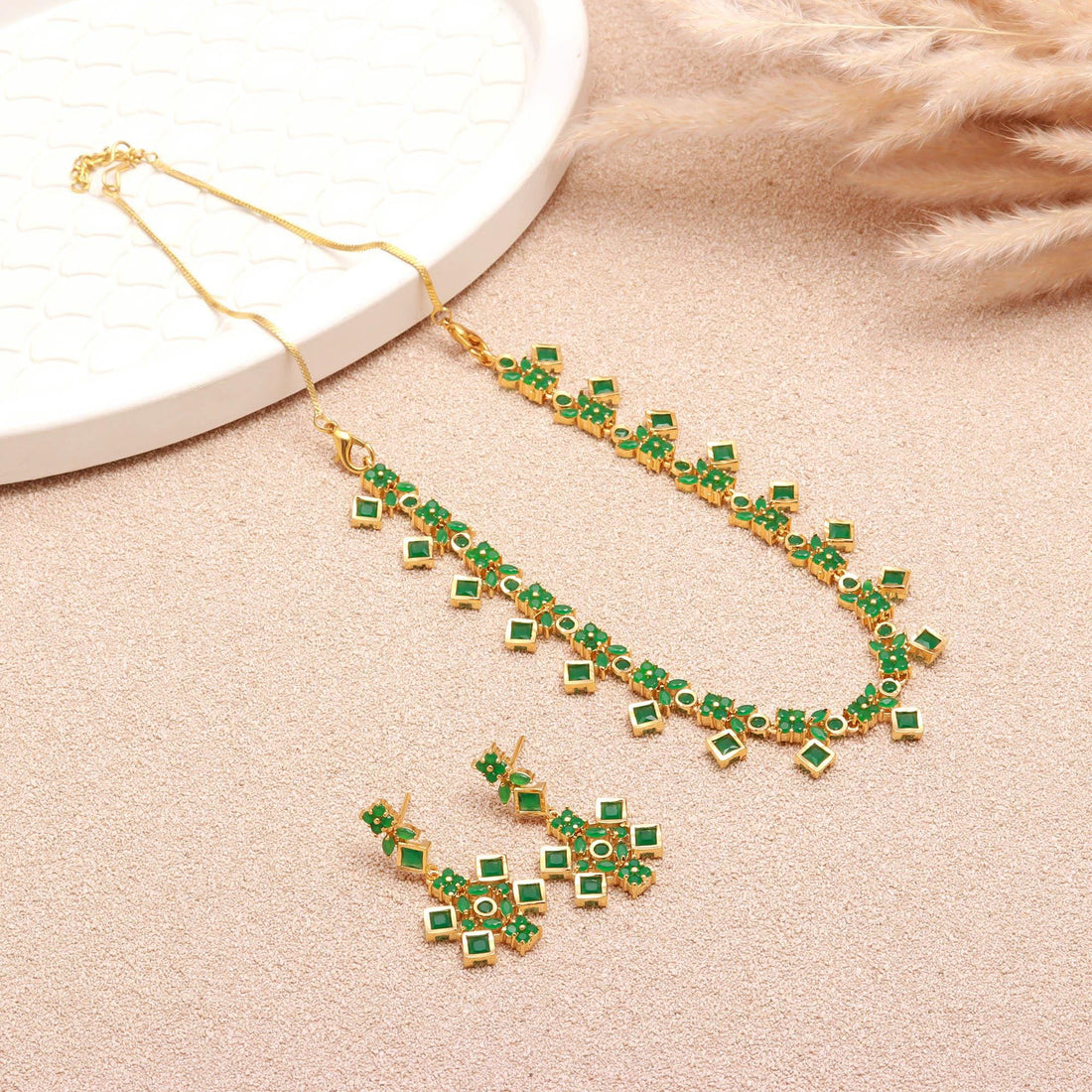 22K Gold Plated Square Emerald Drop Necklace Set with Earrings | Bridal Wedding Necklace | Traditional Indian Necklace | Gift for Her — 2