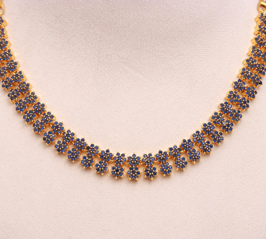 Floral Blue Sapphire Necklace Set with Earrings | 22K Gold Plated South Indian Bridal Wedding Necklace | Statement Jewelry |Gift for Women — 3