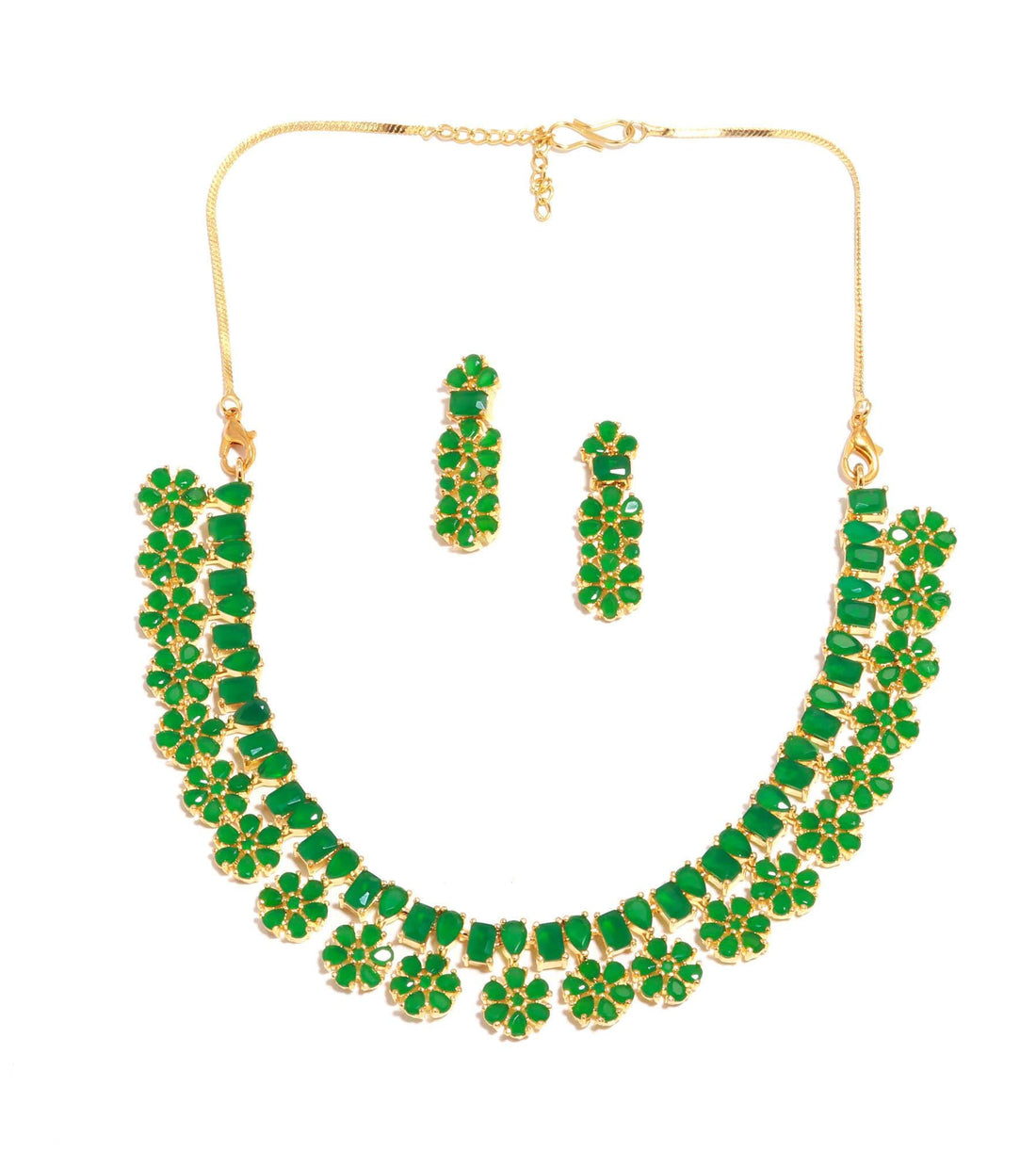 Flower Hanging Emerald Necklace Set with Earrings |22K Gold Plated South Indian Bridal Necklace |Indian Party Wear Necklace | Gift for Women — 5