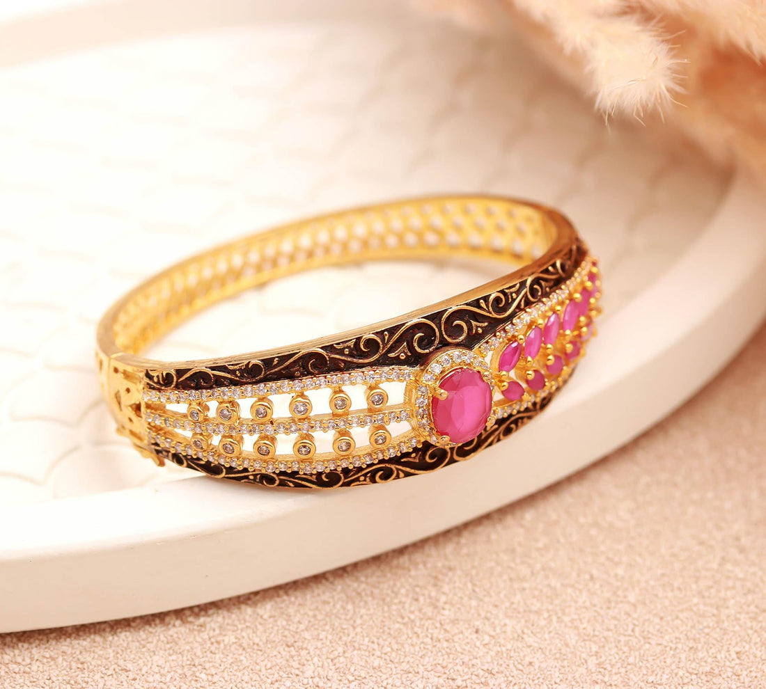 Meenakari Ruby CZ Adjustable Bracelet |22K Gold Plated Antique Indian Bangle | Traditional Bridal Jewelry | Gift for Women |Festive Bracelet — 1