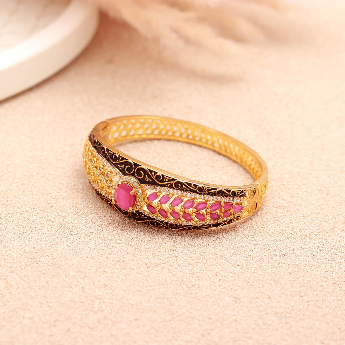 Meenakari Ruby CZ Adjustable Bracelet |22K Gold Plated Antique Indian Bangle | Traditional Bridal Jewelry | Gift for Women |Festive Bracelet — 2