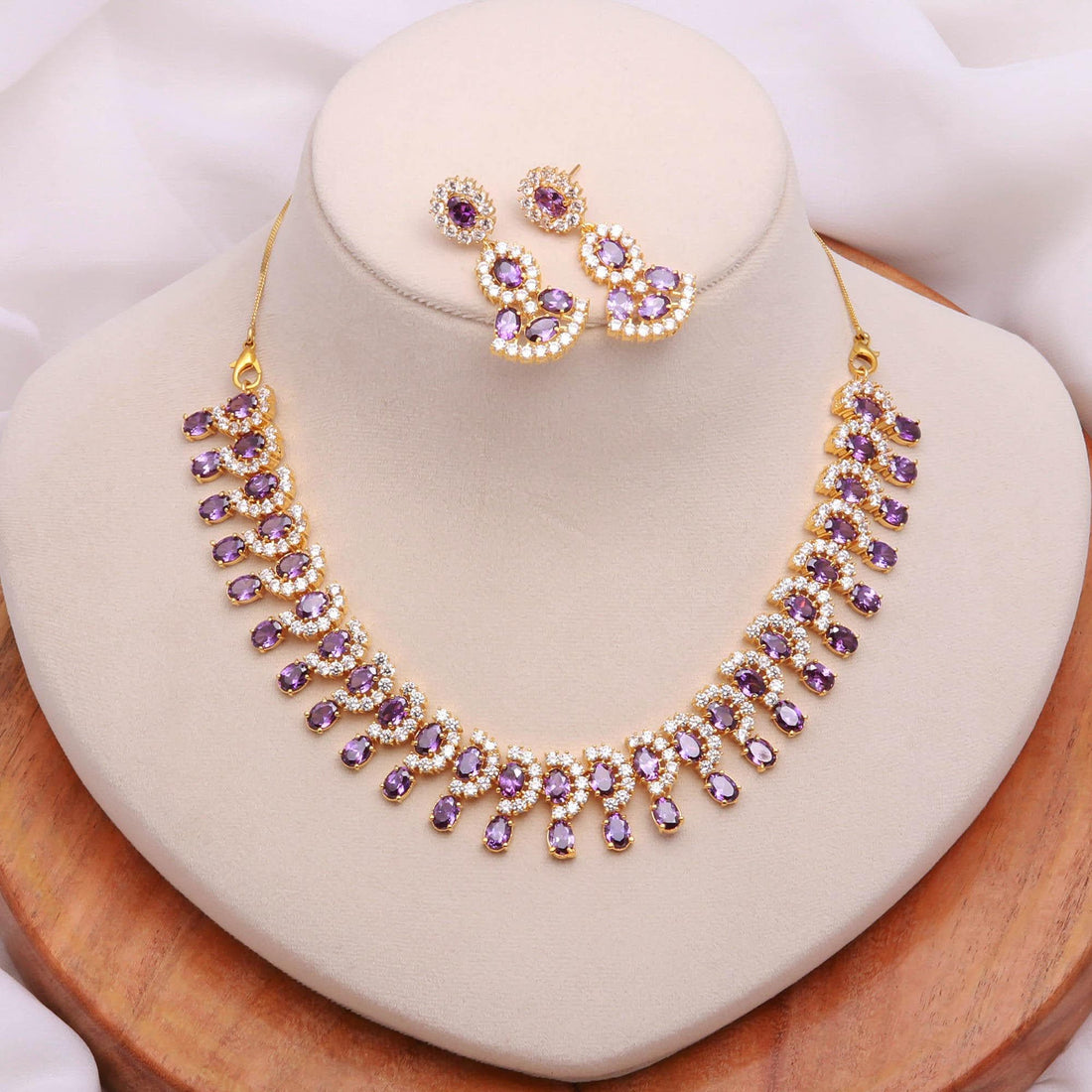 African Amethyst Oval Statement Necklace Set | 22K Gold Plated Bridal Necklace | Wedding Jewelry | Festive Necklace | Gift for Her — 1
