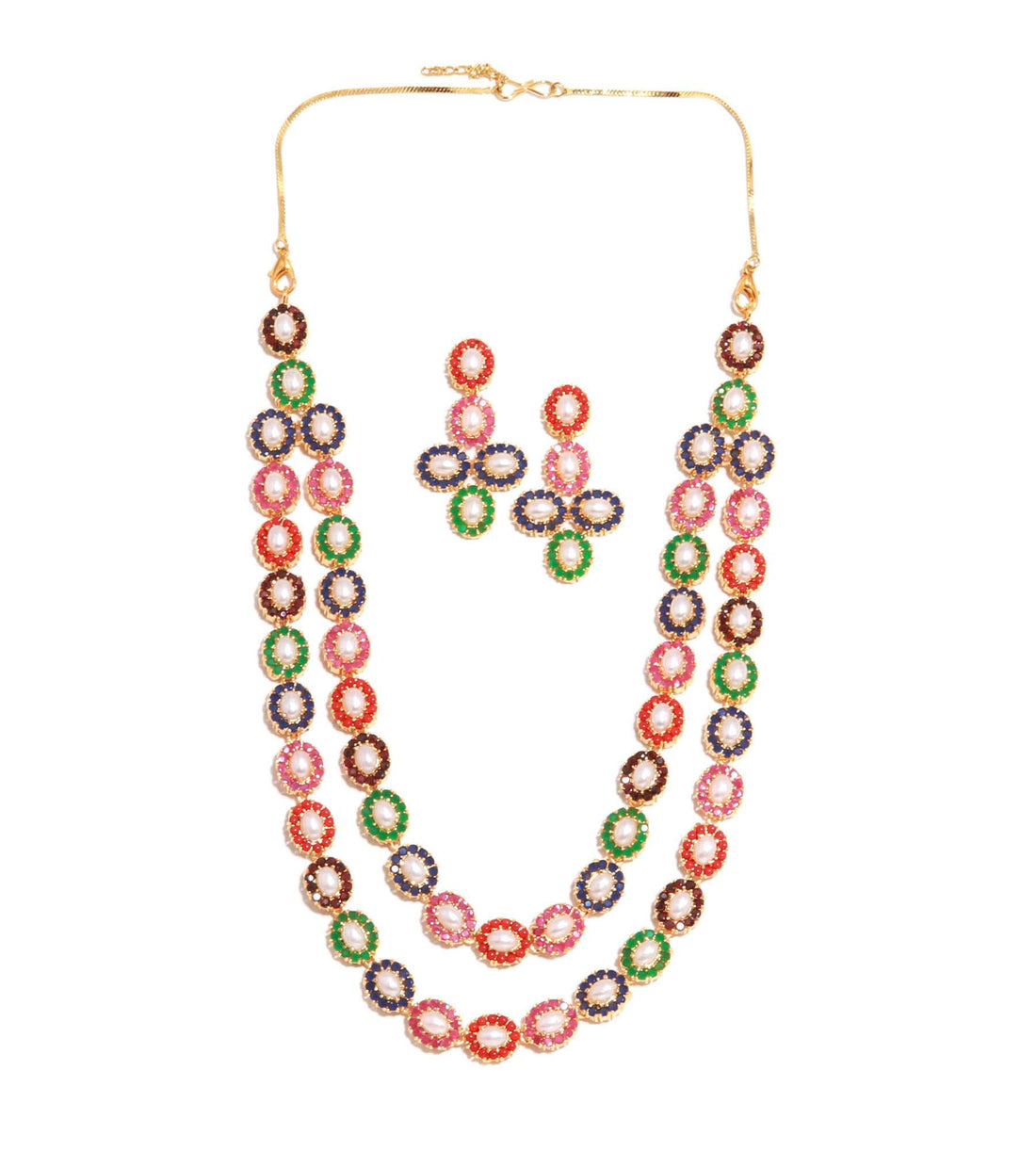 2-Line Multi Gemstone & Pearl Flower Necklace Set | 22K Gold Plated Bridal Wedding Necklace | Traditional Statement Necklace |Gift For Women — 5