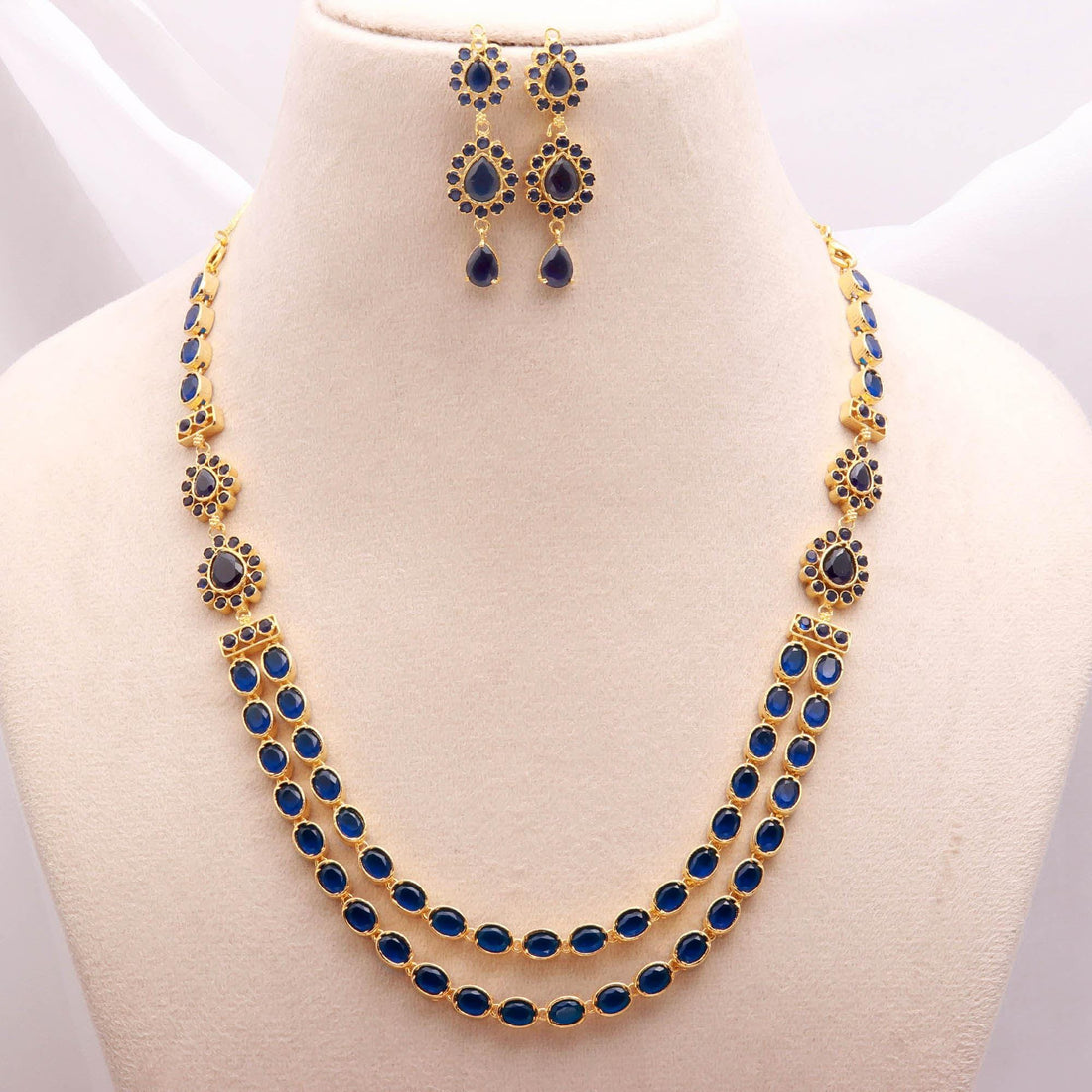 2-Line Long Blue Sapphire Oval Necklace Set | 22K Gold Plated Bridal Necklace | Traditional Indian Statement Necklace | Gift For Women — 2