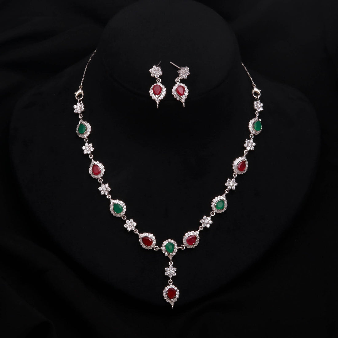 Designer Ruby Emerald CZ Necklace Set | 18K White Gold Plated Indian Bridal Necklace | Wedding Jewelry | Festive Necklace | Gift For Women — 2