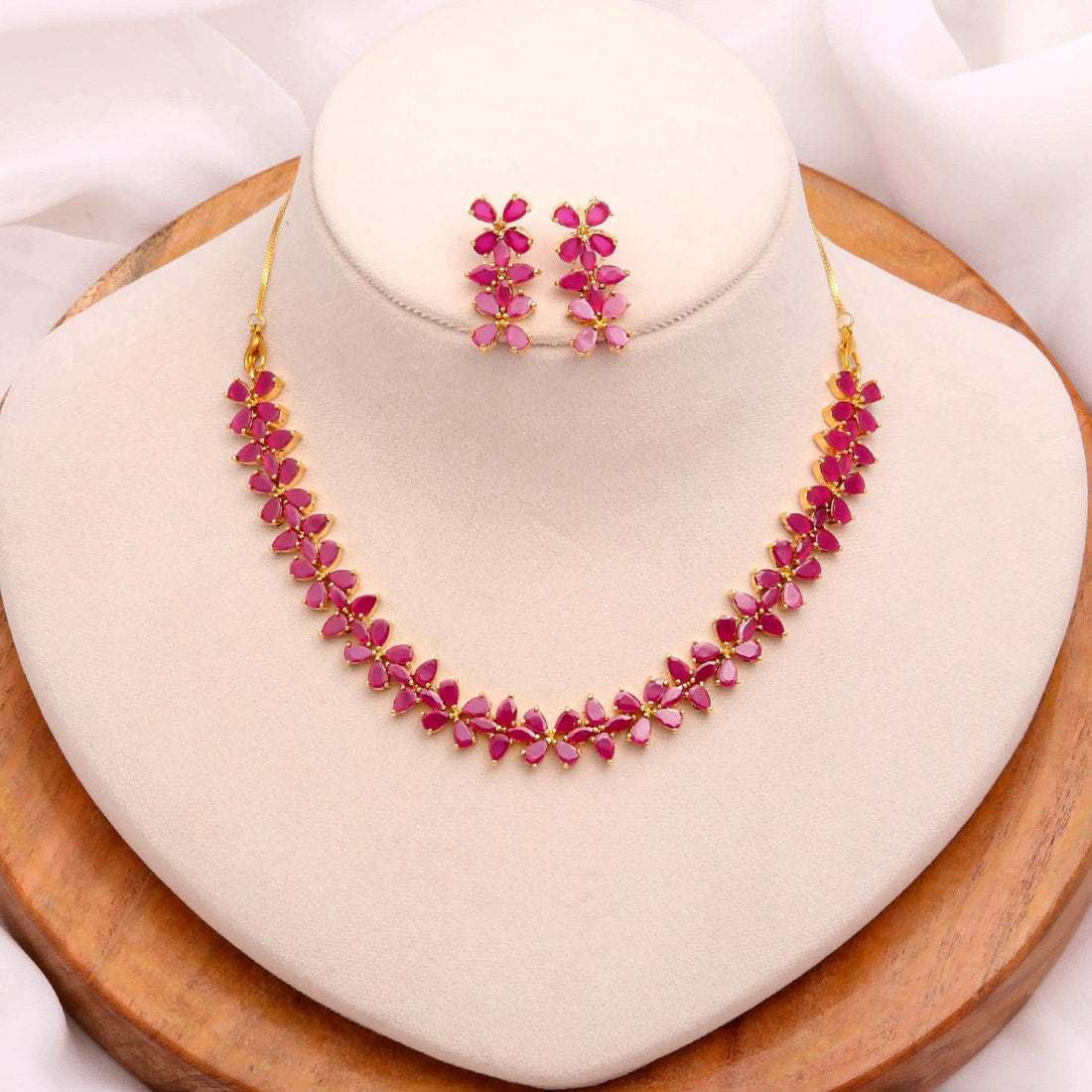 Ruby Oval Necklace Set | 22K Gold Plated Brass Necklace | Bridal Necklace Set | Statement Ethnic Necklace | Indian Jewelry | Gift for Women — 1