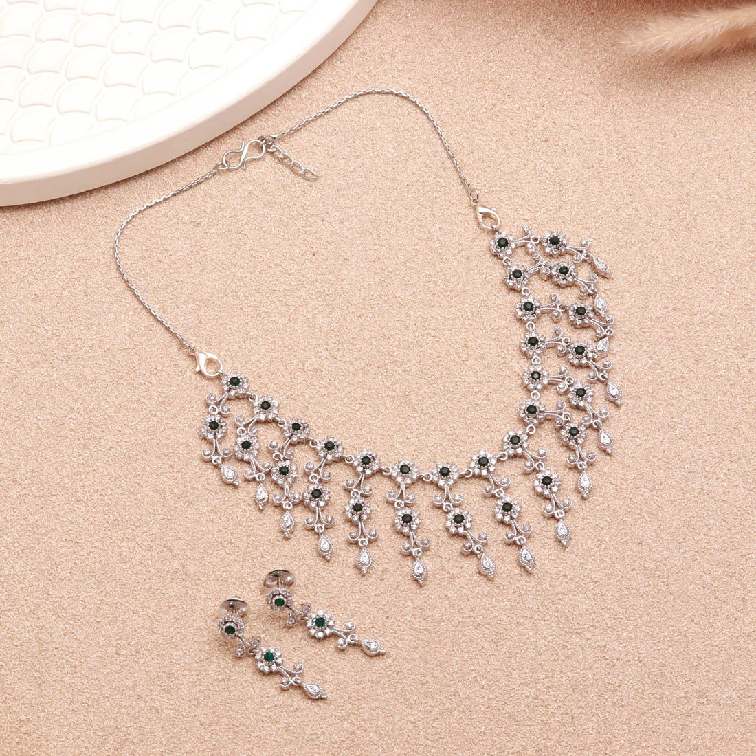 Emerald & CZ Diamond Choker Necklace Set | 18K White Gold Plated Wedding Jewelry | Statement Necklace | Party Wear Necklace | Gift for Women — 2