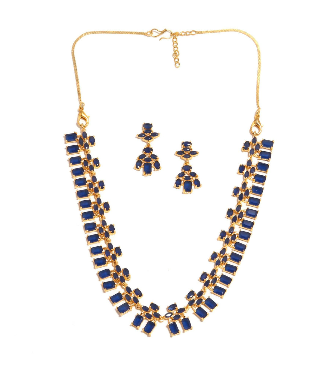 Handcrafted Baguette & Oval Blue Sapphire Drop Necklace Set | 22K Gold Plated Bridal Wedding Necklace | Statement Necklace | Gift for Her — 5