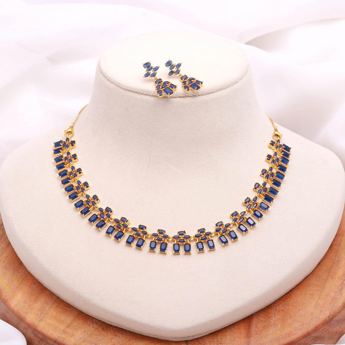 Handcrafted Baguette & Oval Blue Sapphire Drop Necklace Set | 22K Gold Plated Bridal Wedding Necklace | Statement Necklace | Gift for Her — 1