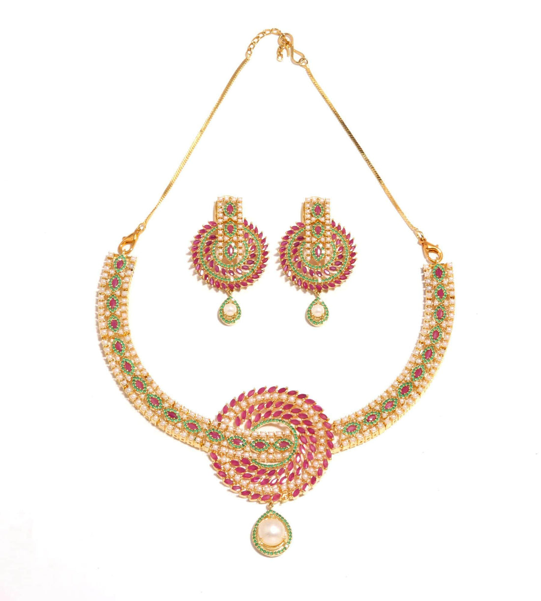 Elegant Pearl & Ruby Necklace Set with Earrings | 22K Gold Plated South Indian Necklace | Bridal Necklace | Indian Jewelry | Gift for Women — 5
