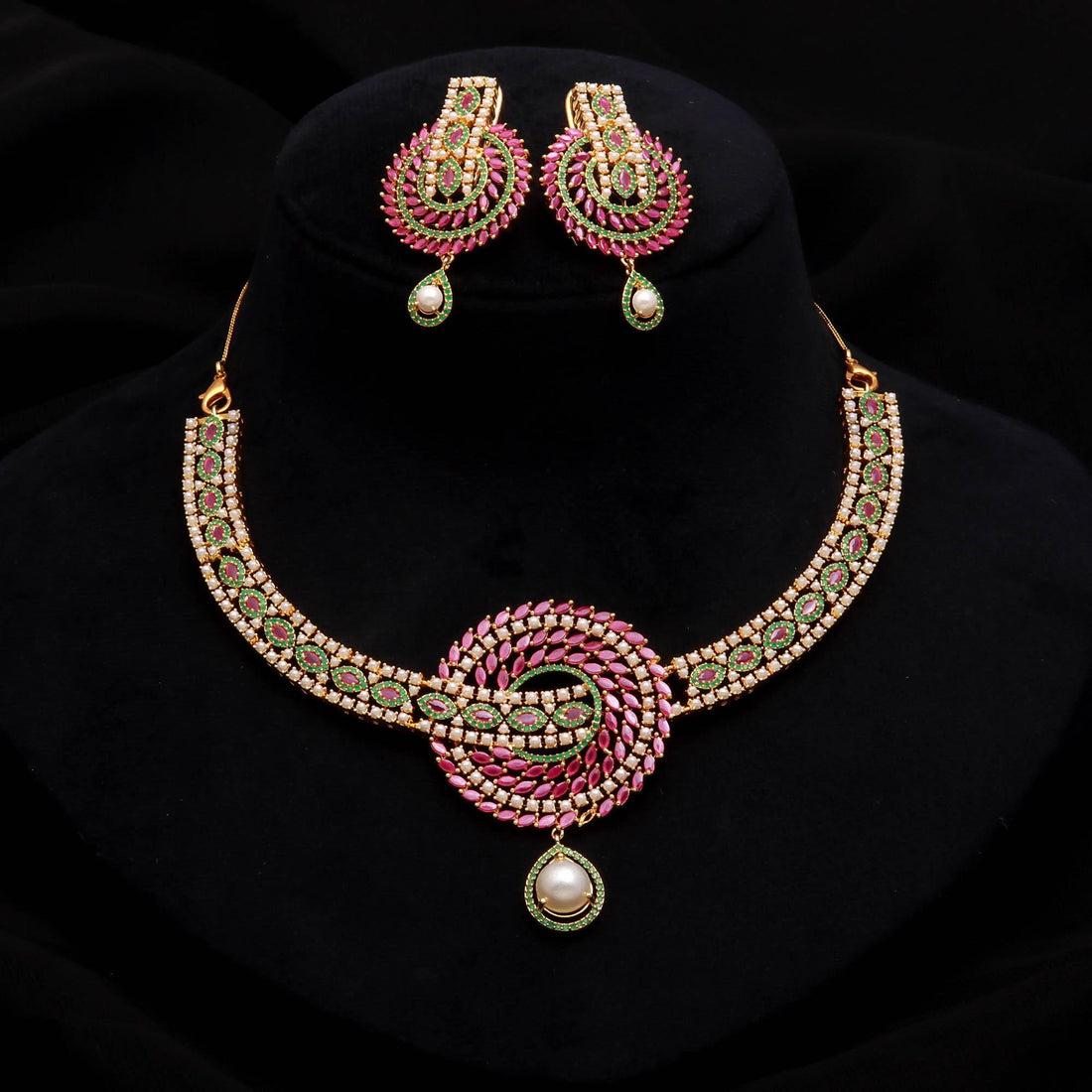 Elegant Pearl & Ruby Necklace Set with Earrings | 22K Gold Plated South Indian Necklace | Bridal Necklace | Indian Jewelry | Gift for Women — 1