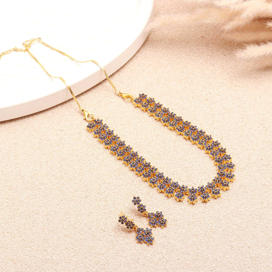 Floral Blue Sapphire Necklace Set with Earrings | 22K Gold Plated South Indian Bridal Wedding Necklace | Statement Jewelry |Gift for Women — 2