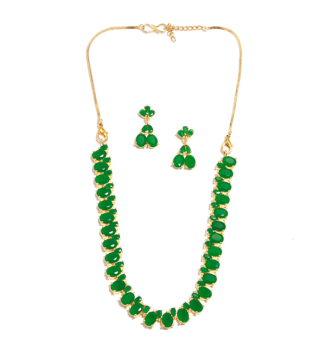 22K Gold Plated Oval Emerald Necklace Set | South Indian Traditional Jewelry | Bridal Necklace | Gift For Her | Wedding Necklace — 5
