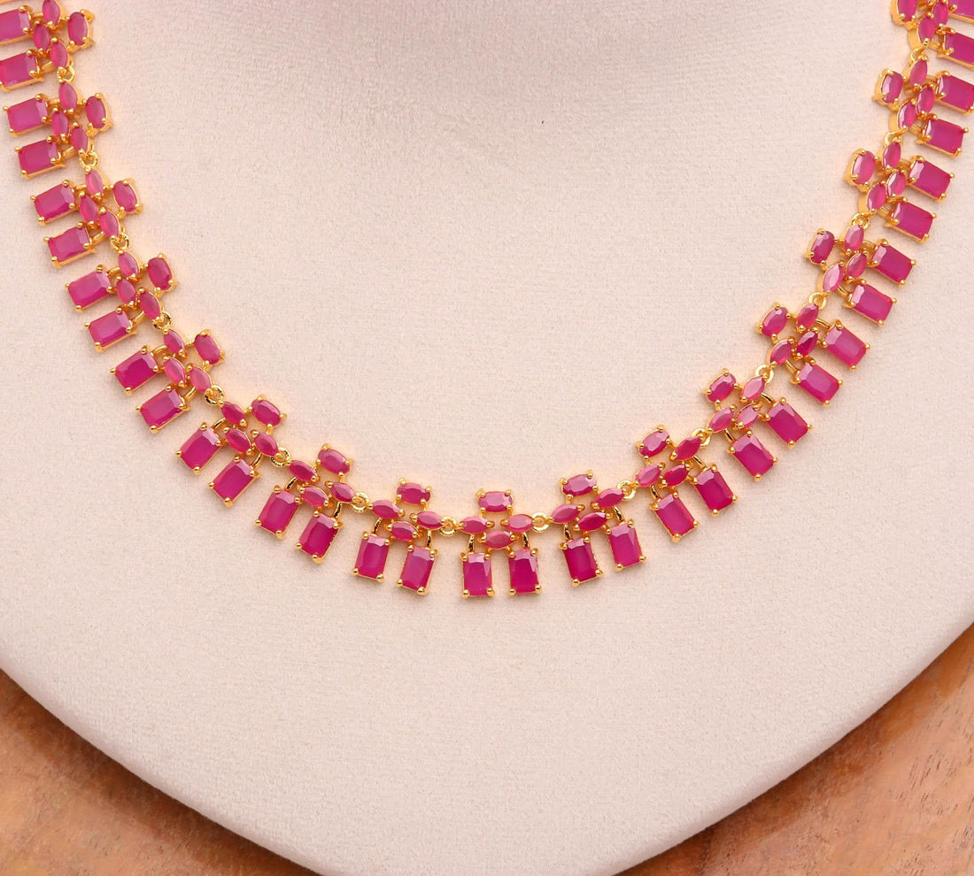 Ruby Baguette & Oval Set with Earrings | 22K Gold Plated Wedding Necklace | Bridal Necklace Set | South Indian Necklace | Gift for Women — 3