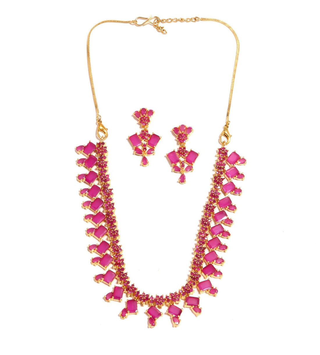 Ruby Square & Oval Necklace Set | 22K Gold Plated Brass Necklace | Bridal Necklace - Earrings | Gift for Her | Red Gemstone Necklace — 5