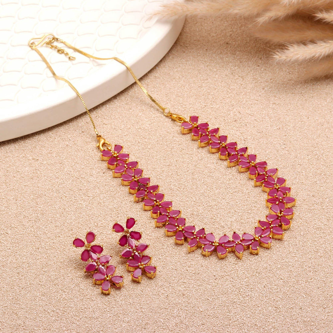 Ruby Oval Necklace Set | 22K Gold Plated Brass Necklace | Bridal Necklace Set | Statement Ethnic Necklace | Indian Jewelry | Gift for Women — 2