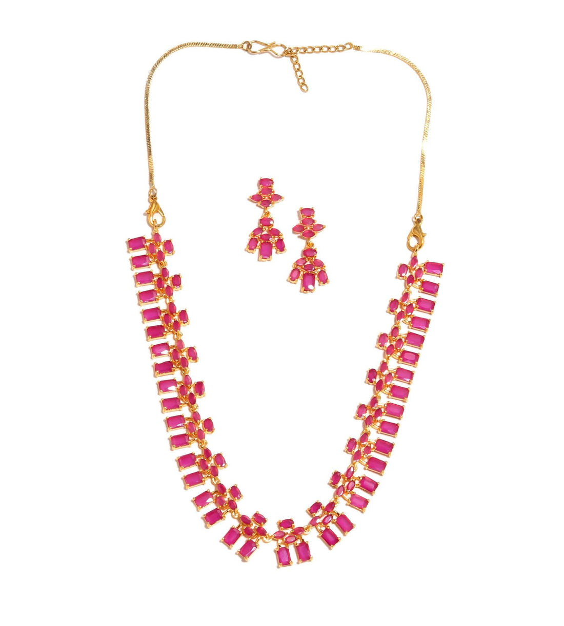 Ruby Baguette & Oval Set with Earrings | 22K Gold Plated Wedding Necklace | Bridal Necklace Set | South Indian Necklace | Gift for Women — 5
