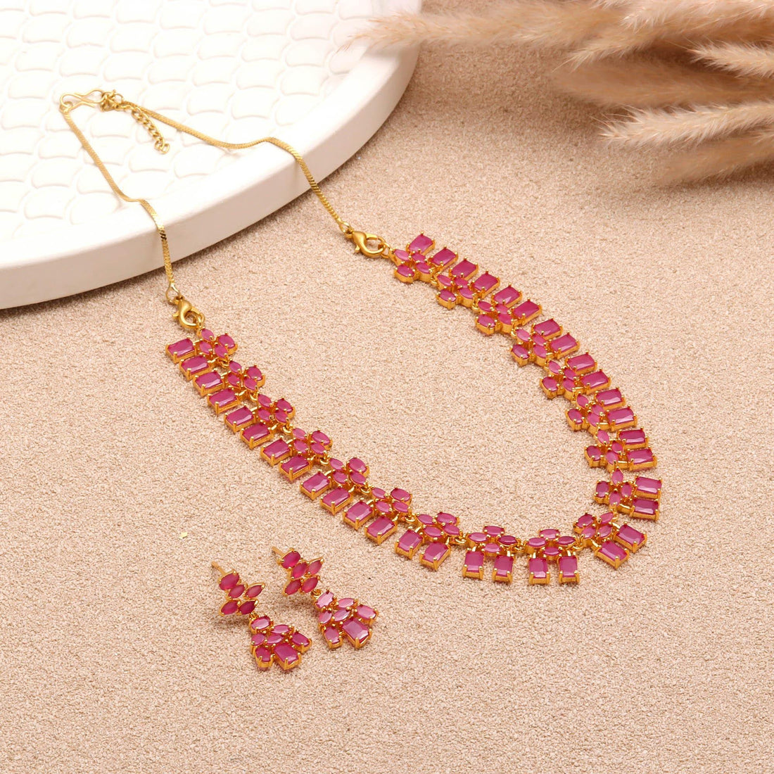 Ruby Baguette & Oval Set with Earrings | 22K Gold Plated Wedding Necklace | Bridal Necklace Set | South Indian Necklace | Gift for Women — 2