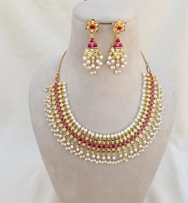 Ruby Emerald Pearl Gold Plated Necklace: South Indian Bridal Jewelry
