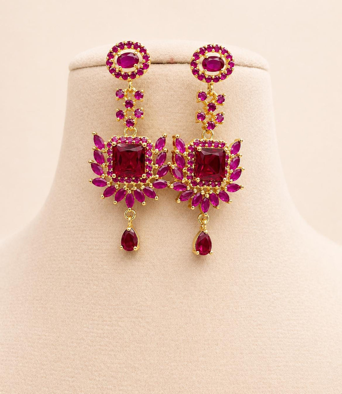 22k Gold Plated Long Ruby Weeding Necklace Set, South Indian Bride Jewelry, Ruby Long Haram — 3
