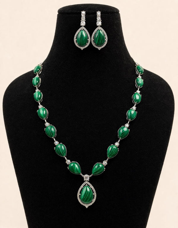 Malachite and Diamond Necklace, Natural Green Malachite Jewelry, White Gold Plated Necklace, Dainty Gemstone Choker, Minimalist Gift for Her