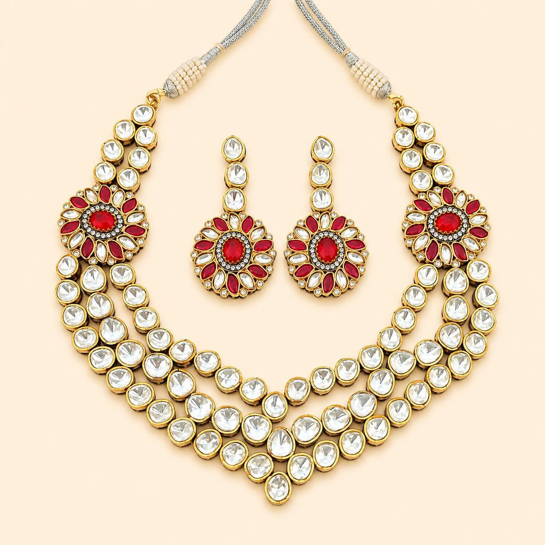 Kundan Polki Bridal Necklace Set, Ruby Diamond Earrings, 22k Gold Plated Statement Jewelry — 3