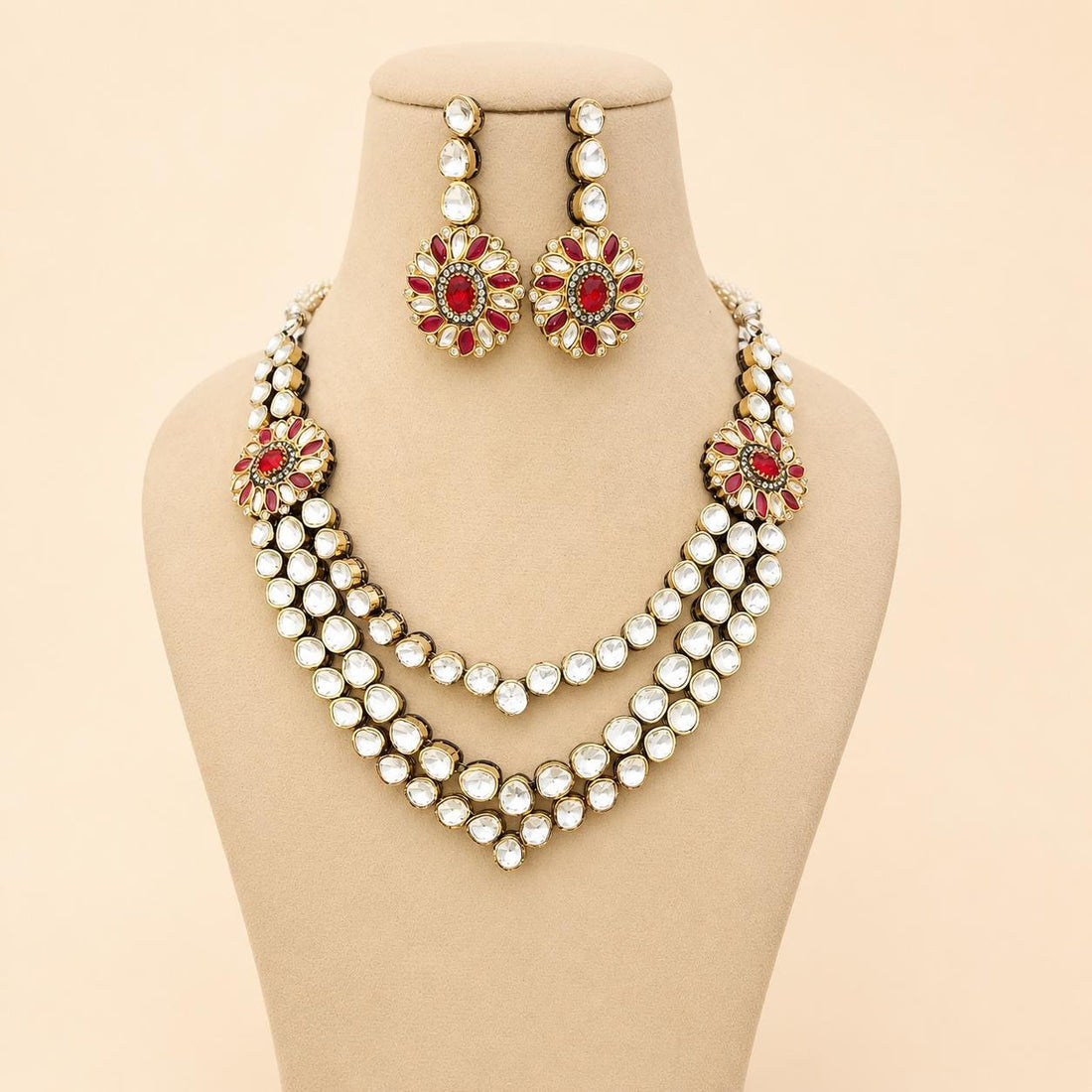 Kundan Polki Bridal Necklace Set, Ruby Diamond Earrings, 22k Gold Plated Statement Jewelry — 5