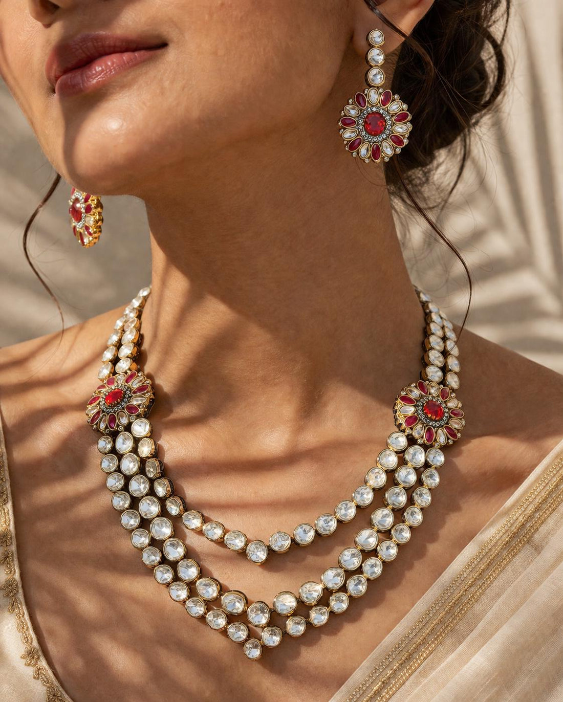 Kundan Polki Bridal Necklace Set, Ruby Diamond Earrings, 22k Gold Plated Statement Jewelry — 1