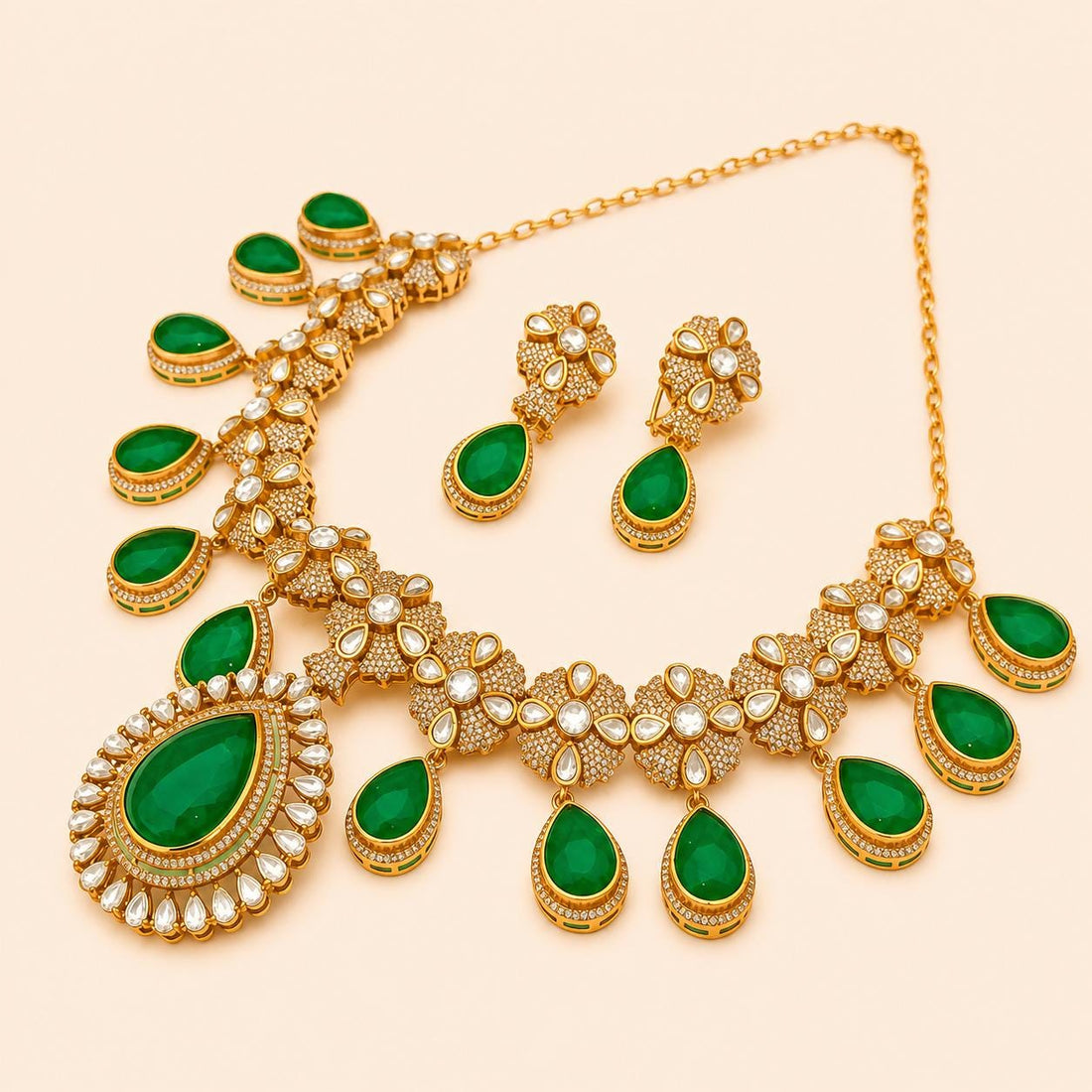 Emerald Kundan Polki Diamond Necklace Set | 22k Gold Plated Indian Bridal Jewellery — 3