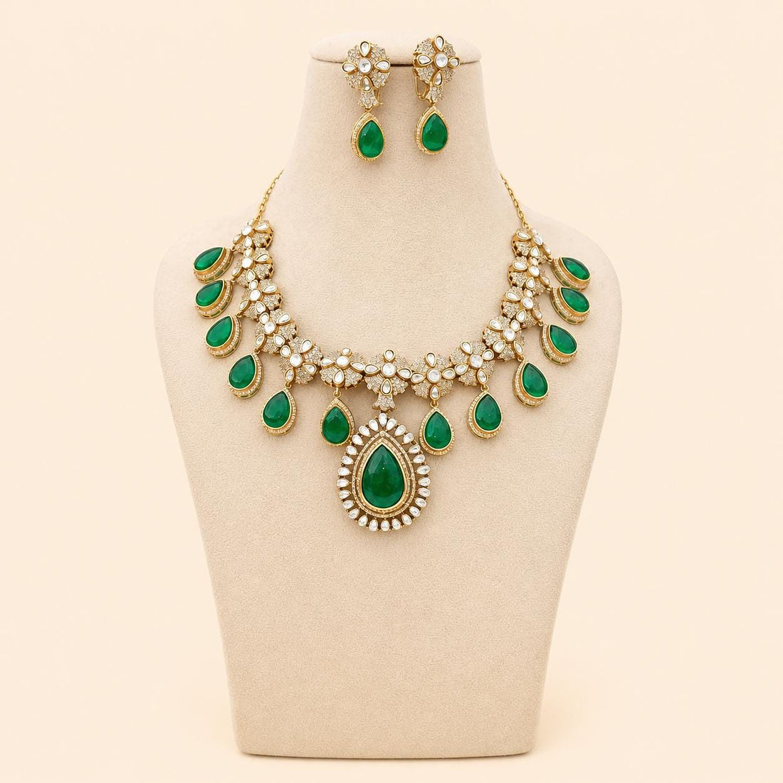 Emerald Kundan Polki Diamond Necklace Set | 22k Gold Plated Indian Bridal Jewellery — 2