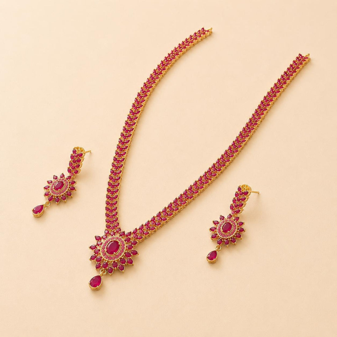 Long PremiumRuby Gold Plated South Indian Wedding Necklace | Red Necklace | Gift For Her | Haram With Earr| Ruby Jewelry |Gift for her — 3