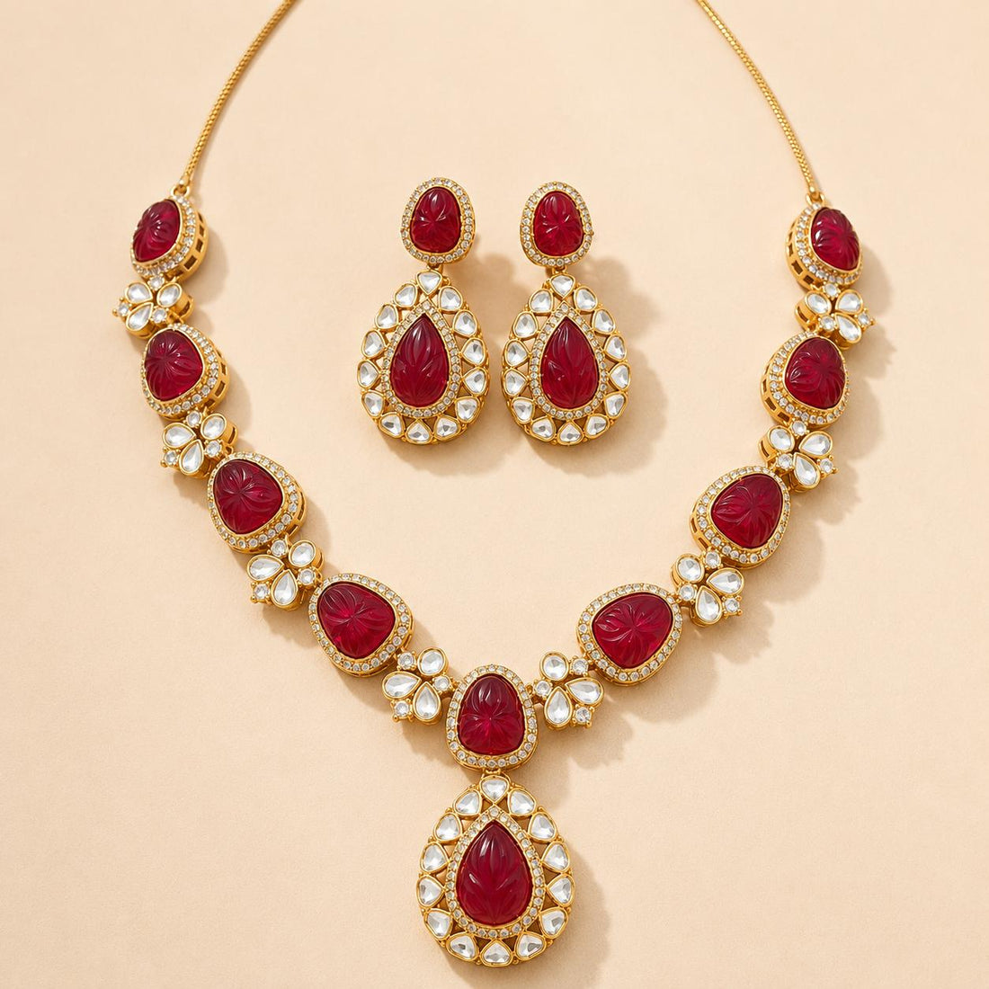 Ruby Hand Carved Polki Diamond Necklace | Bridal Jewelry | Traditional Wedding Necklace | Party Wear | Gift for Her — 3