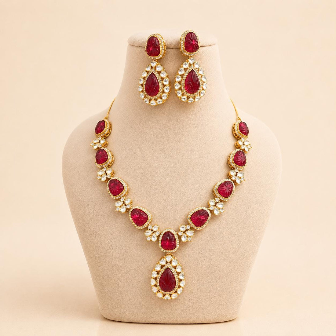 Ruby Hand Carved Polki Diamond Necklace | Bridal Jewelry | Traditional Wedding Necklace | Party Wear | Gift for Her — 2