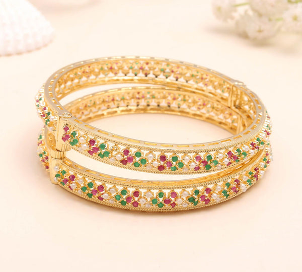 22K Gold Plated Ruby Emerald Pearl Kada Bangle | Traditional Indian Bracelet | Bridal Wedding Jewelry | Ethnic Bangle | Gift For Her