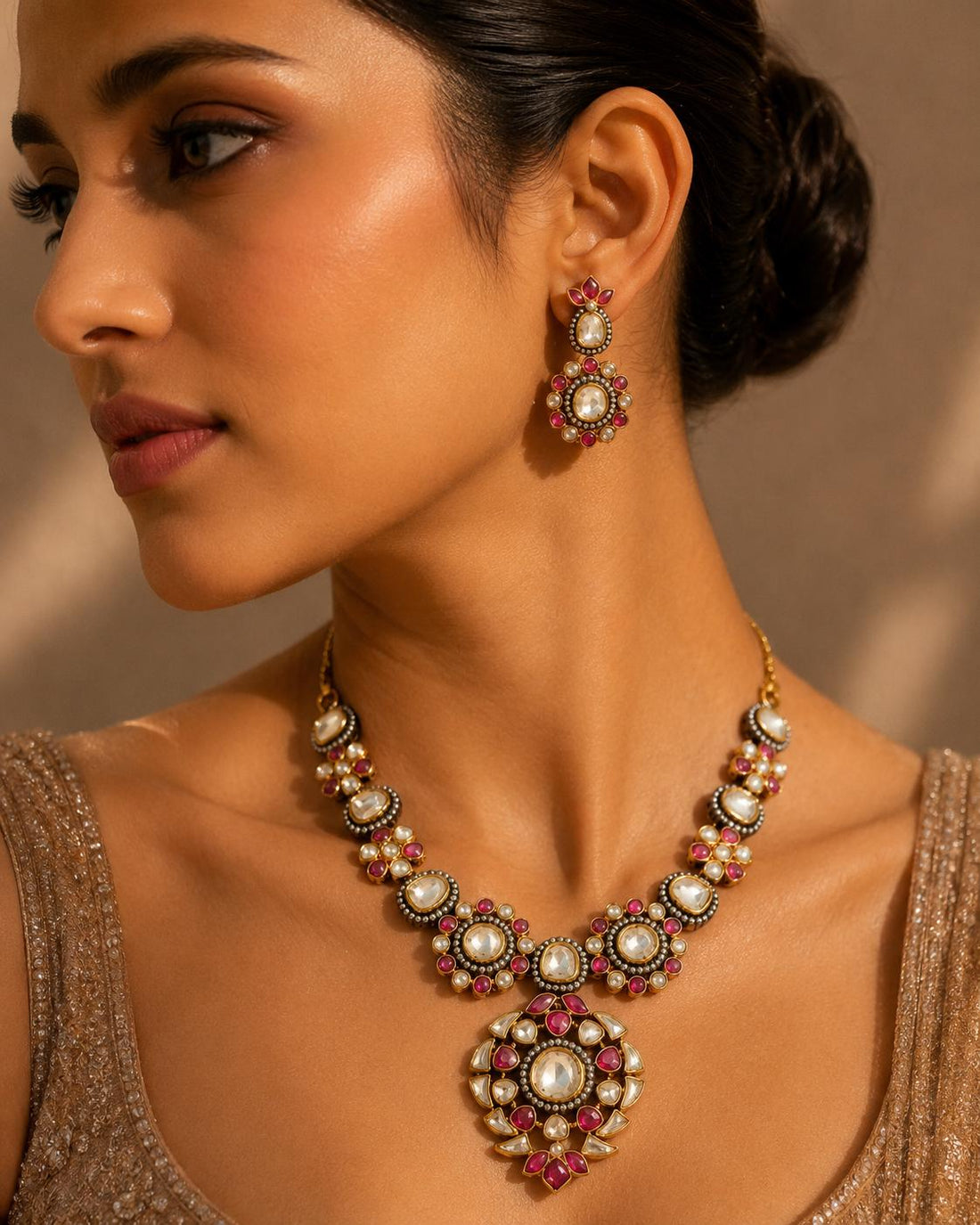 Kundan Ruby Polki Necklace | Dual Tone Gold & Black Bridal Jewelry | Traditional Indian Wedding Necklace | Party Necklace | Gift for Her — 4