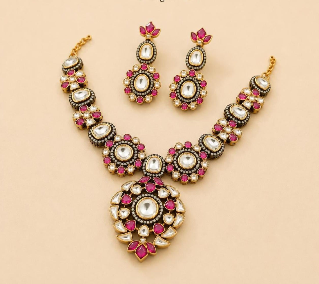 Kundan Ruby Polki Necklace | Dual Tone Gold & Black Bridal Jewelry | Traditional Indian Wedding Necklace | Party Necklace | Gift for Her — 2