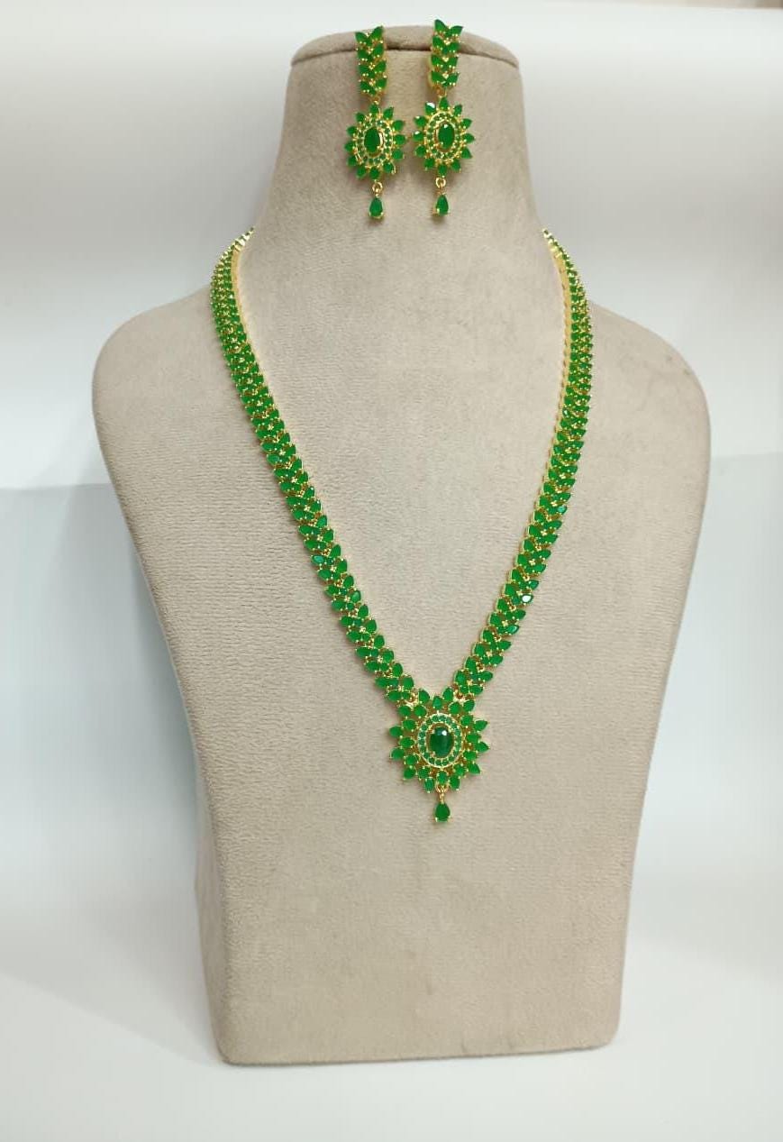 Emerald Long Necklace for Women | Traditional Green Stone Layered Jewelry | Long Emerald Green Beaded Necklace | Gift For Her — 2