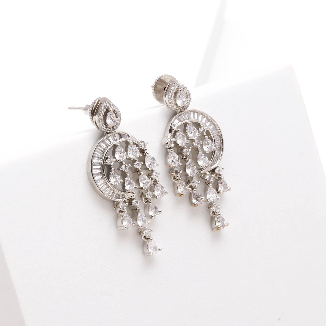 Moon Star CZ Dangle Earrings, Silver Statement Earrings, Celestial Wedding Earrings, Art Deco Bridal Jewelry, Crystal Chandbali Earrings — 4