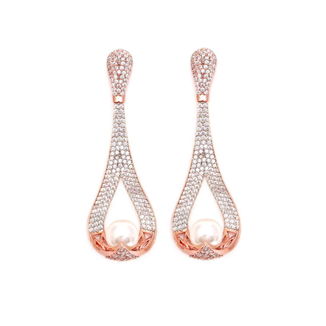 Long Statement Designer CZ Earrings | 22K Rose Gold Plated Brass Earrings | Elegant Bridal Party Wear Jewelry | Minimal Statement Earrings — 3