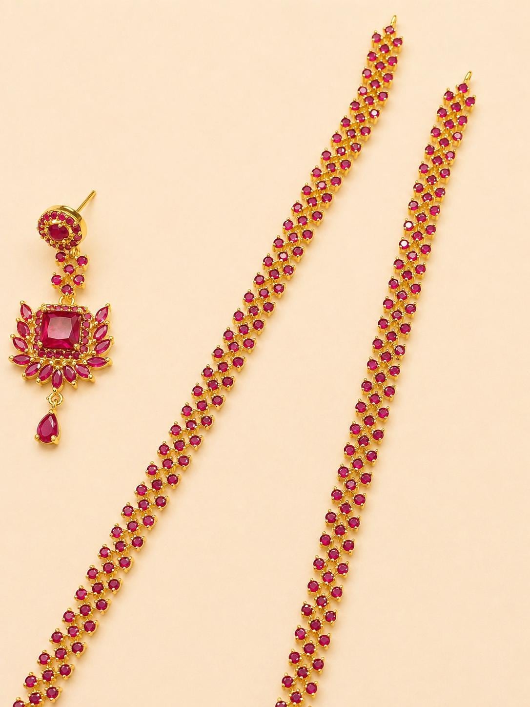 22k Gold Plated Long Ruby Weeding Necklace Set, South Indian Bride Jewelry, Ruby Long Haram — 4