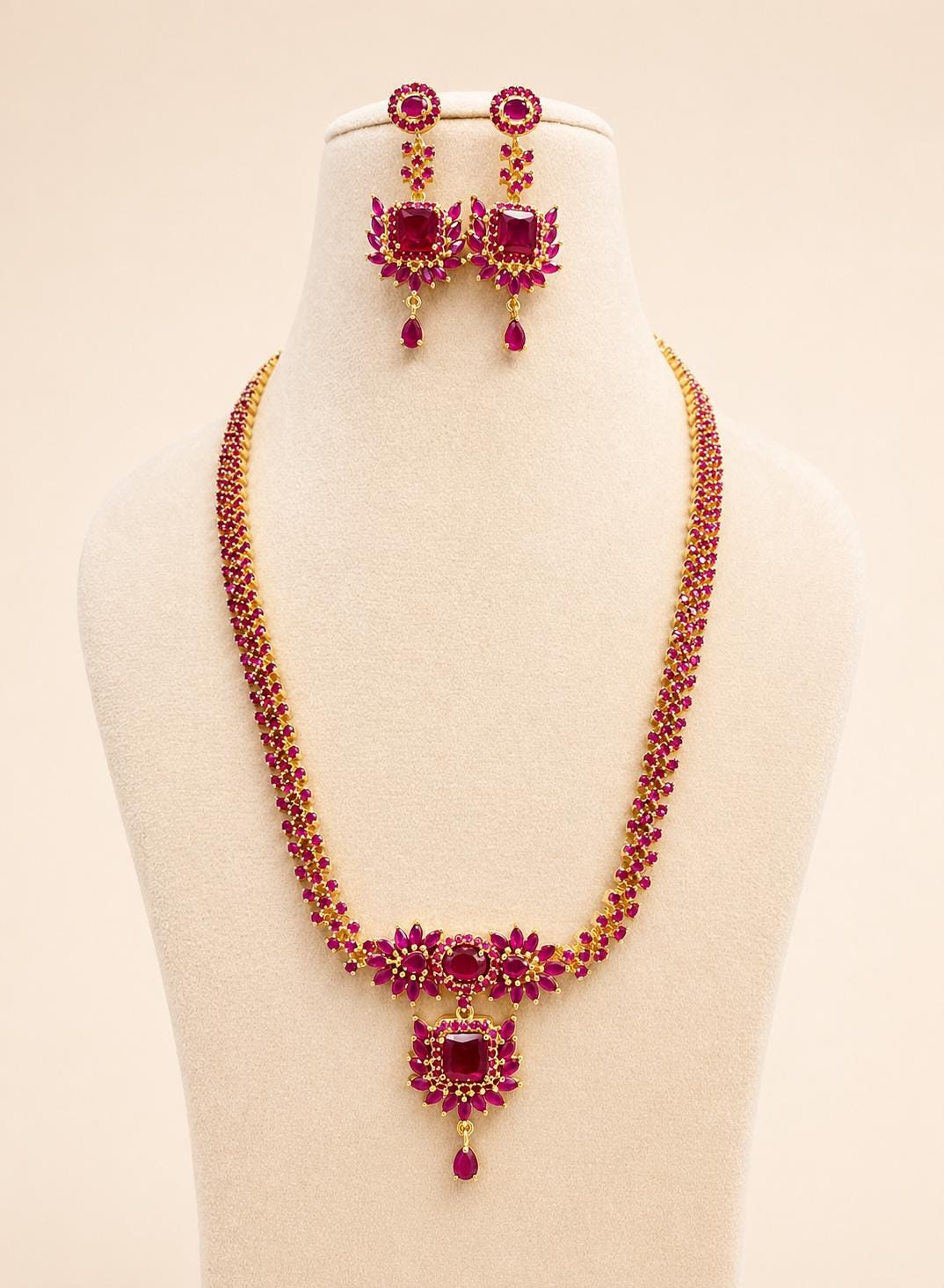 22k Gold Plated Long Ruby Weeding Necklace Set, South Indian Bride Jewelry, Ruby Long Haram — 1
