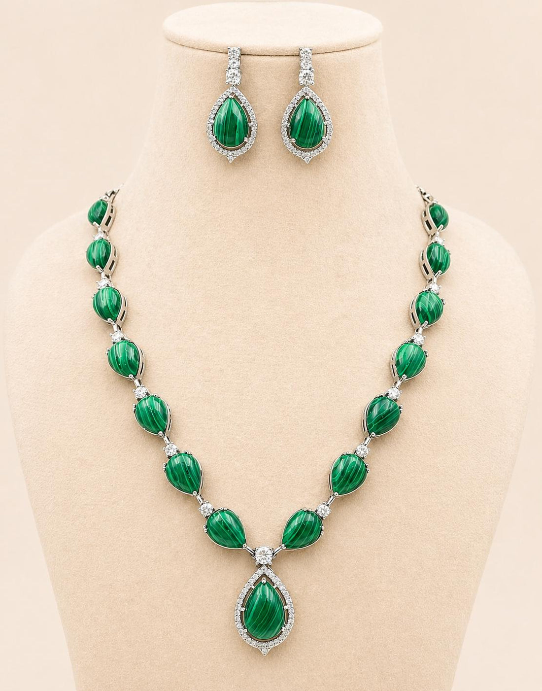 Malachite and Diamond Necklace, Natural Green Malachite Jewelry, White Gold Plated Necklace, Dainty Gemstone Choker, Minimalist Gift for Her — 2