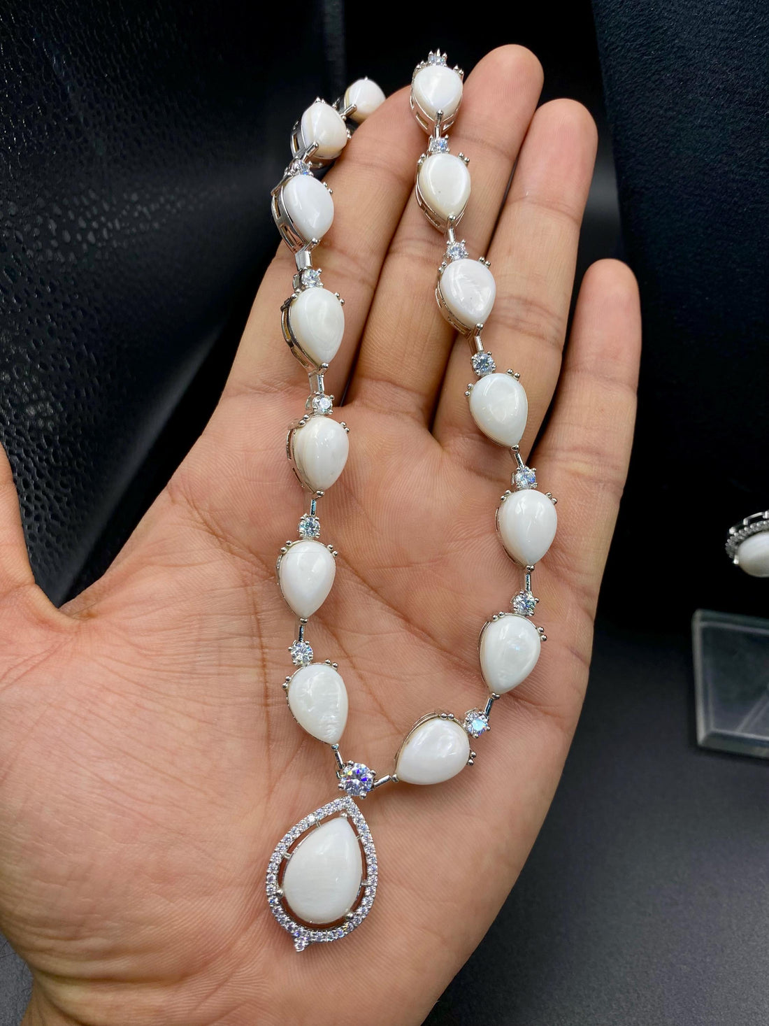Natural White Mother of Pearl Jewelry Set, White Gold Finish Statement Necklace, MOP Teardrop Earrings, Anniversary Gift for Her, Luxury Set — 6