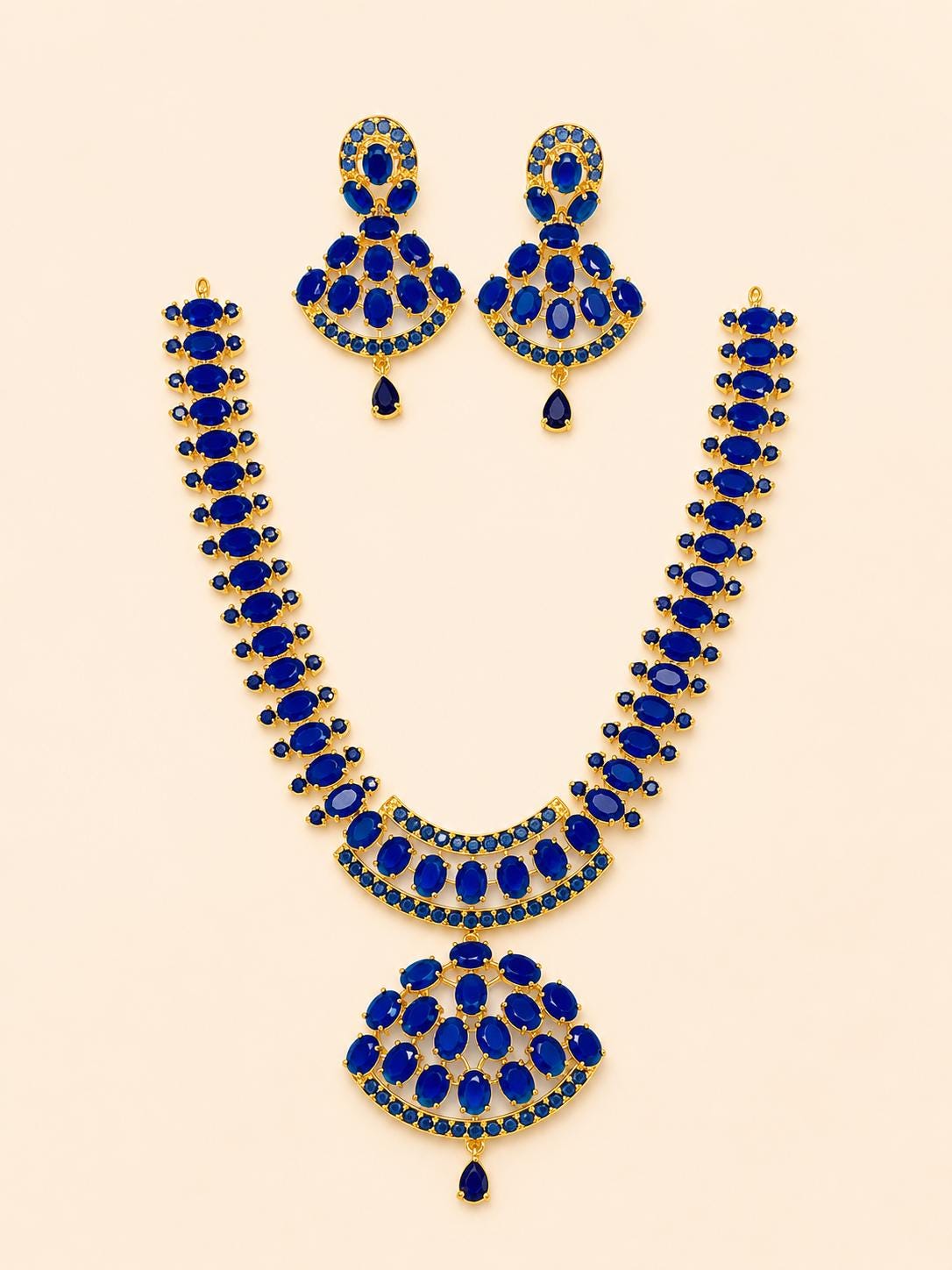 22k Gold Plated Blue Choker Necklace Set | South Indian Bridal Jewelry | Wedding Statement Necklace | Blue Sapphire Necklace — 3