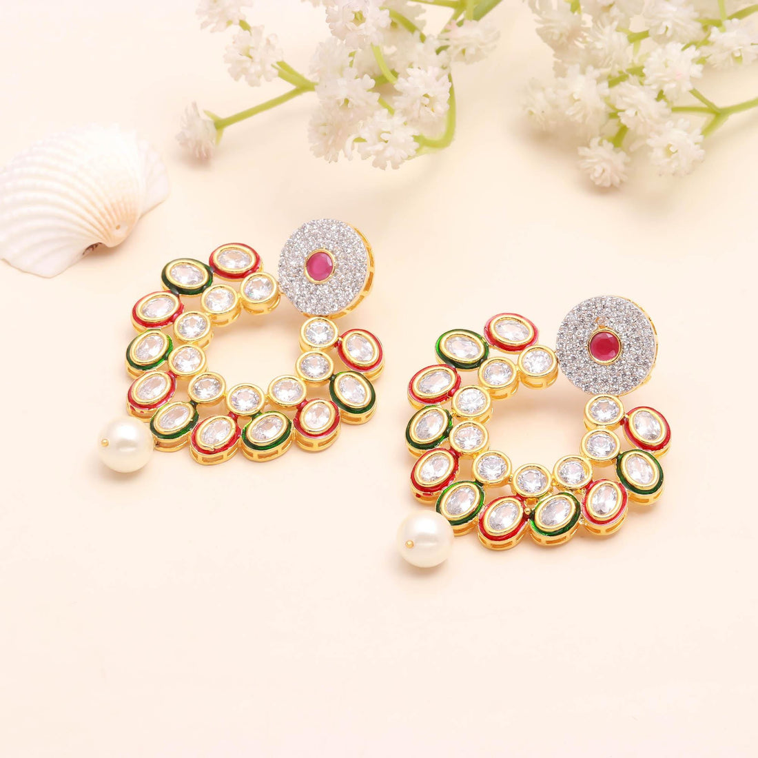 Oval Polki Kundan Earrings | 22K Gold Plated Brass Earrings | Traditional Indian Bridal Jewelry | Wedding Party Wear Earrings | Gift For Her — 3